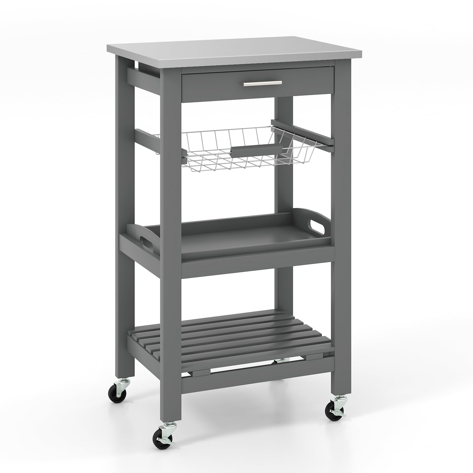 GiantexUK 4-Tier Kitchen Storage Trolley on Wheels, Rolling Storage Cart with Stainless Tabletop, Pull-out Drawer & Wire Basket