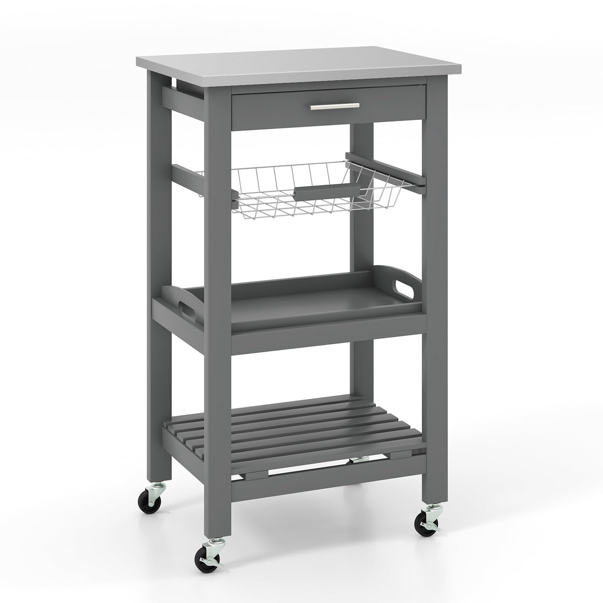 GiantexUK 4-Tier Kitchen Storage Trolley on Wheels, Rolling Storage Cart with Stainless Tabletop, Pull-out Drawer & Wire Basket