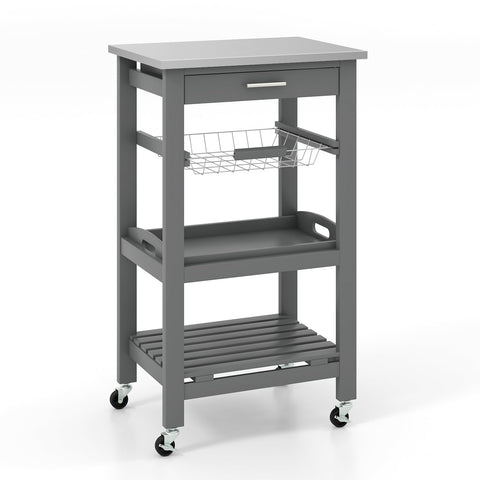 GiantexUK 4-Tier Kitchen Storage Trolley on Wheels, Rolling Storage Cart with Stainless Tabletop, Pull-out Drawer & Wire Basket