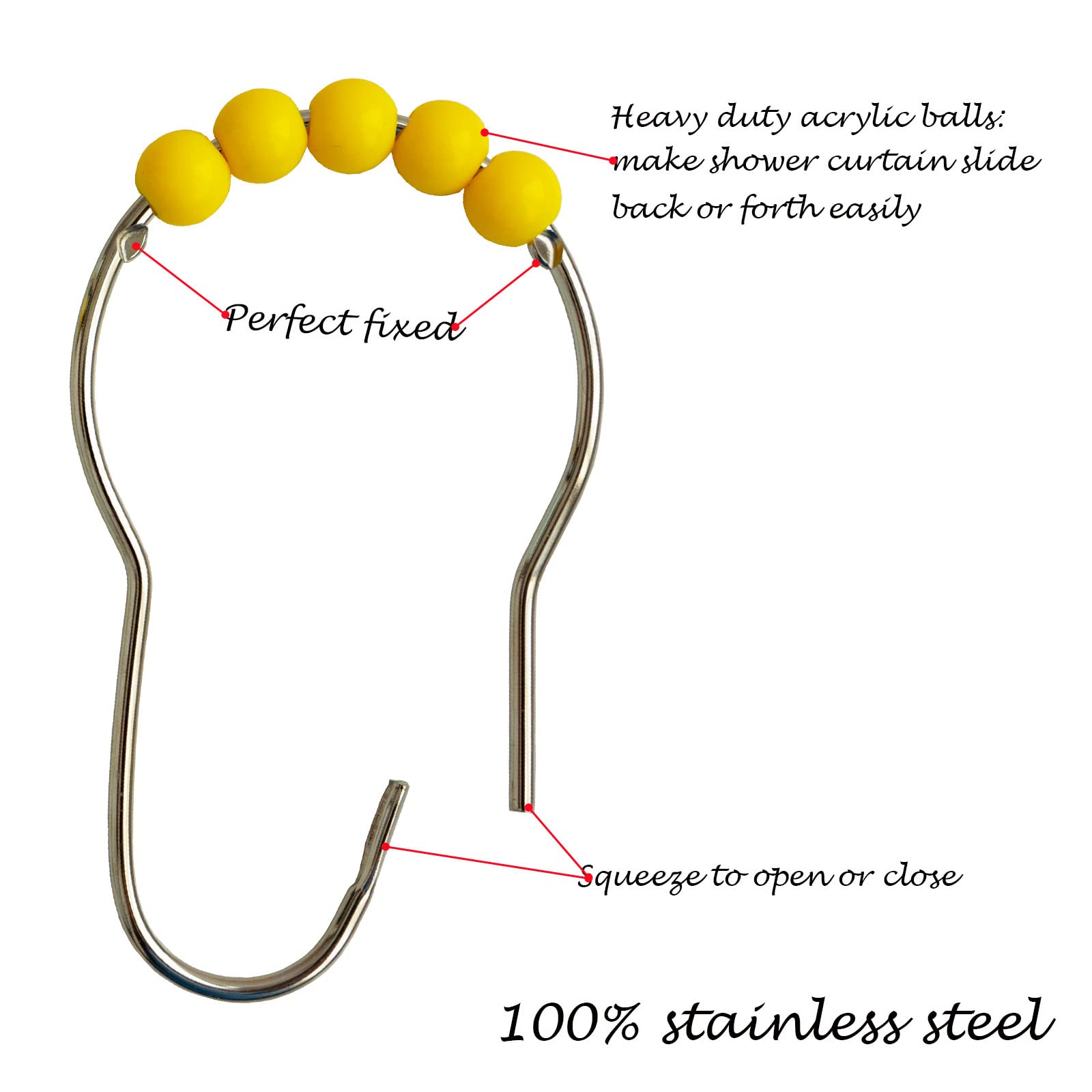 Shower Curtain Hooks Rings Stainless Steel Acrylic Roller Ball Glide Rings For Bathroom Shower Rods Decorative Rustproof(Yellow)