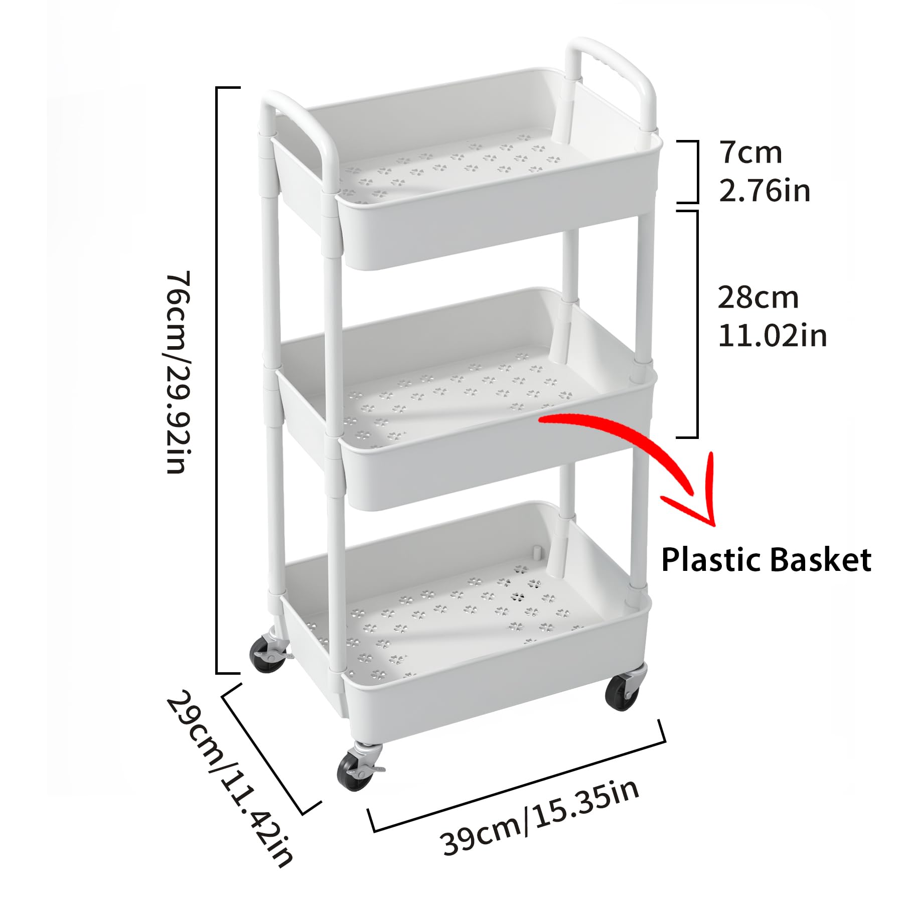 Sywhitta 3-Tier Plastic Rolling Utility Cart with Handle, Multi-Functional Storage Trolley for Office, Living Room, Kitchen