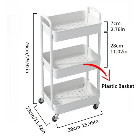 Sywhitta 3-Tier Plastic Rolling Utility Cart with Handle, Multi-Functional Storage Trolley for Office, Living Room, Kitchen