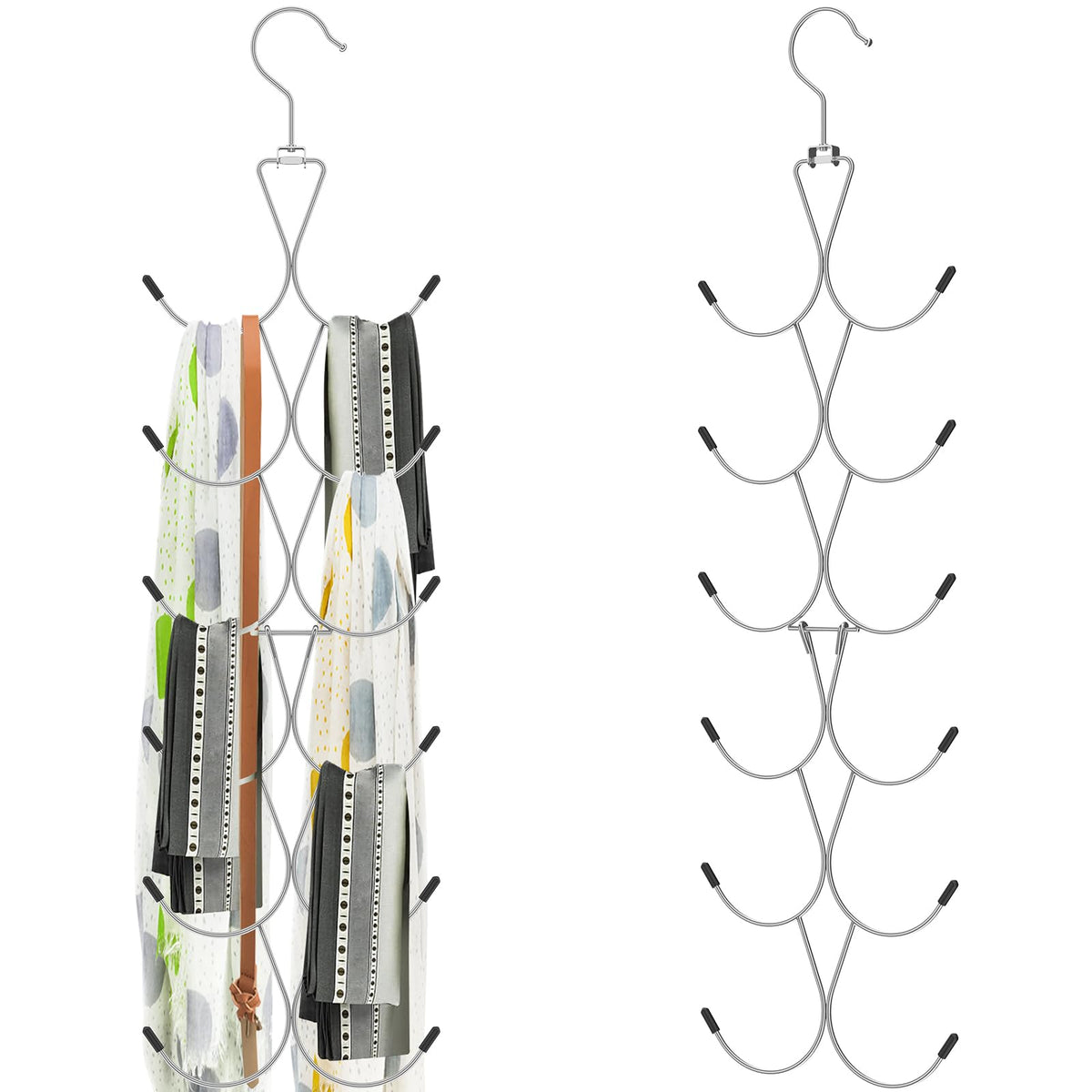 2 Pcs Scarf Hanger with 12 Hooks Metal Hanging Organiser Storage Belt Ties Scarves 360°rotating Scarf Rack Space Savers Closet Scarfs Holder Foldable