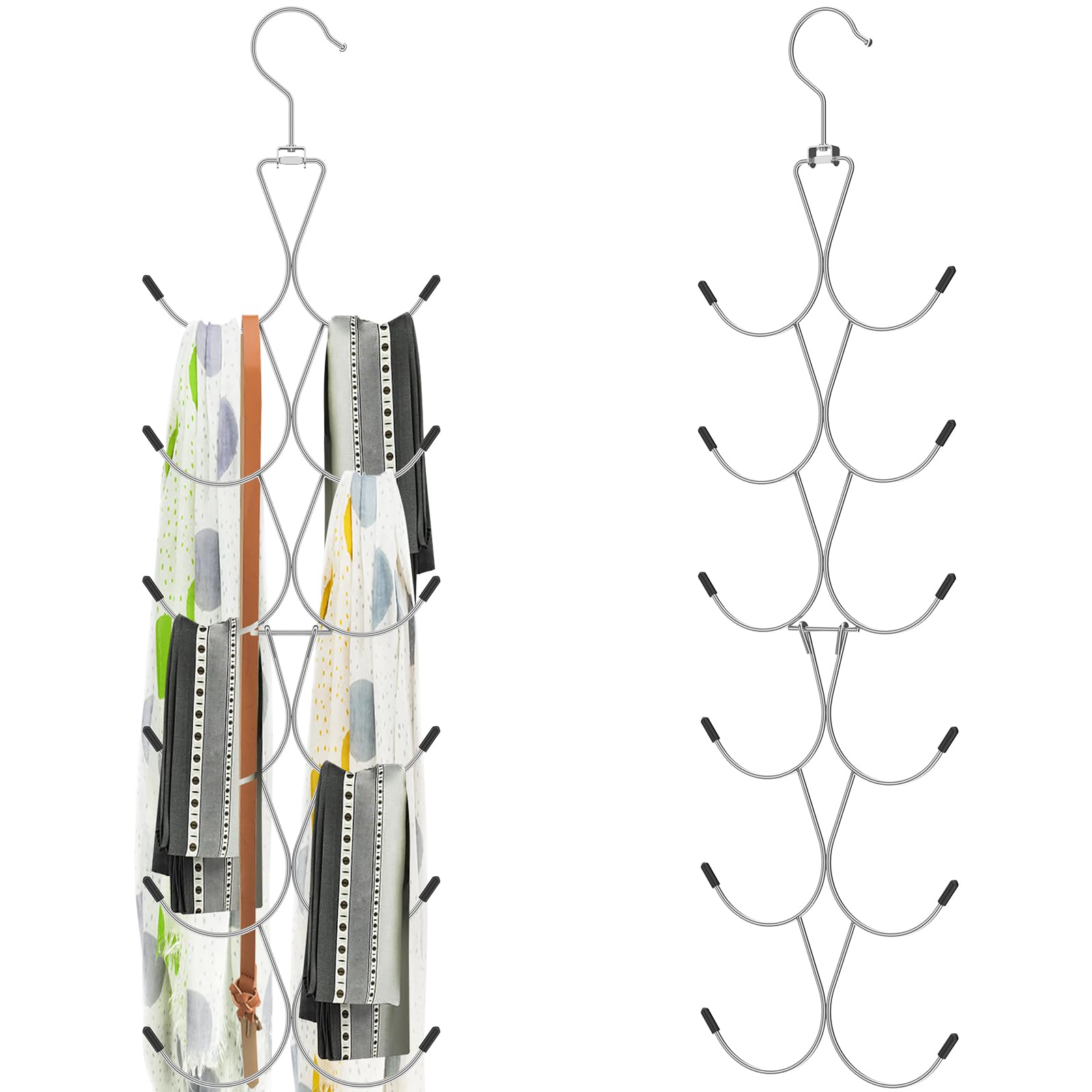 2Pcs Scarf Hanger with 12 Hooks, Metal Scarf Storage Organizer, 360° Rotating Scarves Rack Space Savers