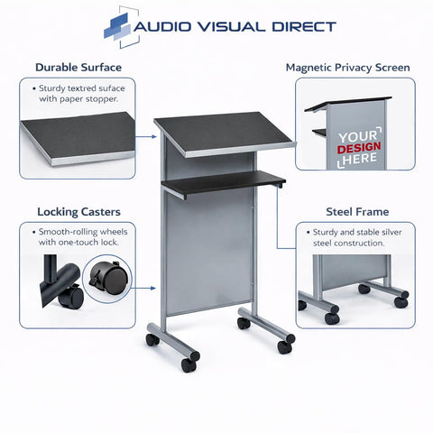 Audio-Visual Direct Wheeled Lectern with Storage Shelf - Silver/Black - Compact Standing Desk for Reading - LapTop Stand
