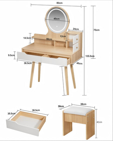 Dressing Table with Round Mirror and Lights, Small Vanity Desk with Stool