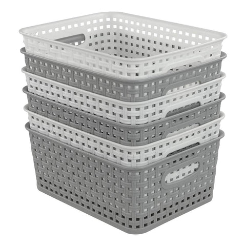 Dynko Plastic Weave Rattan Storage Basket, 6 Packs, Grey White