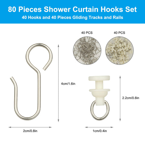 80Pcs Curtain Hooks and Gliders Set,40 Shower Curtain Hooks&40 Rail Gliders