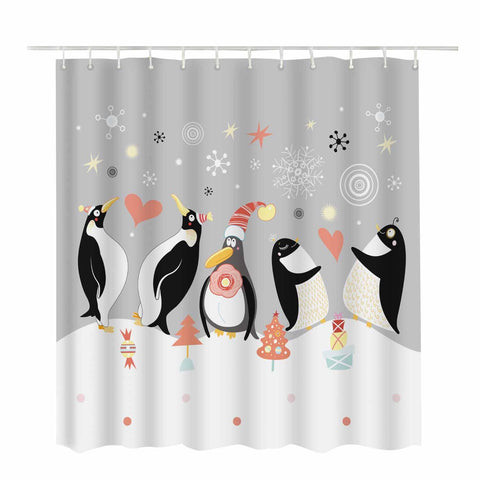 Woutay Shower Curtain Mould Proof Resistant Happy Penguin,Water Repellant Fabric,Polyester,with 12 Plastic Hooks