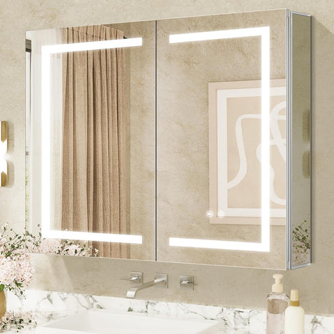 Janboe LED Mirror Cabinet,Bathroom Mirror Cabinet with Lights,91cm×81cm,Equip with Internal Light,Aluminum Construction,USB Shaver Socket,3
