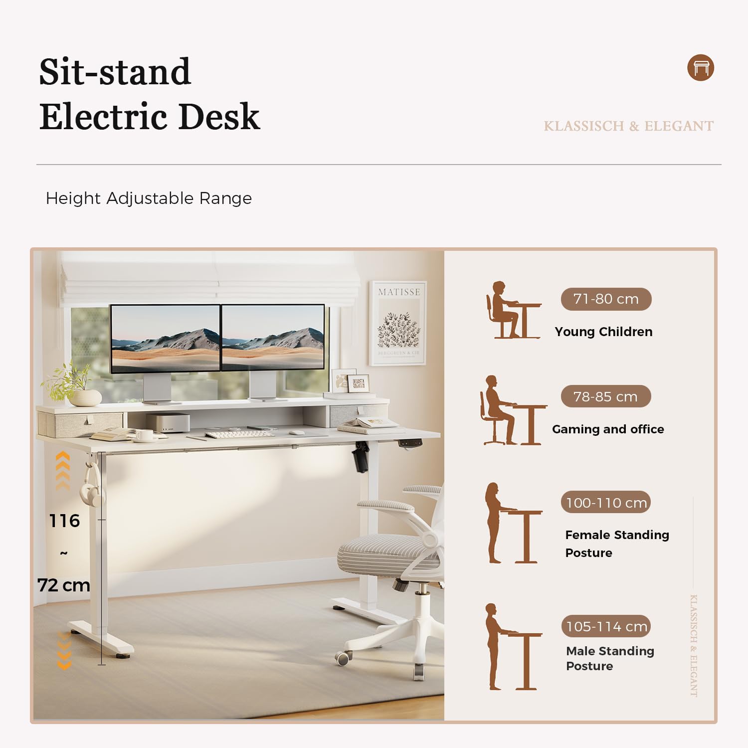 Klicelor Electric Height Adjustable Desk, with 2 Fabric Drawers, 140x60cm