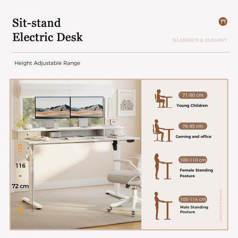 Klicelor Electric Height Adjustable Desk, with 2 Fabric Drawers, 140x60cm