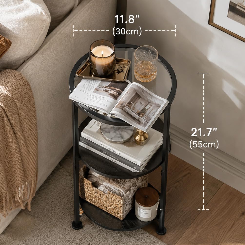 Glass Side Table, 3-Tier Round Side Table with Tempered Glass Top, Black
