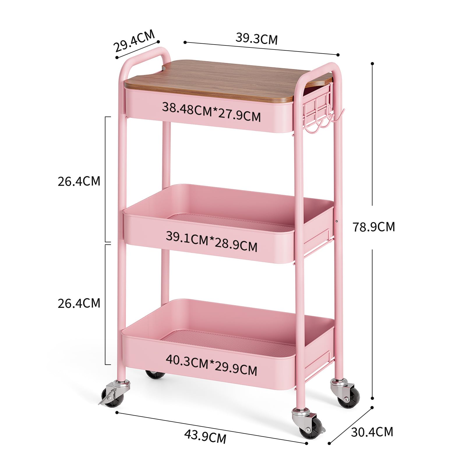 KINGRACK 3-Tier Rolling Storage Trolley, Pink