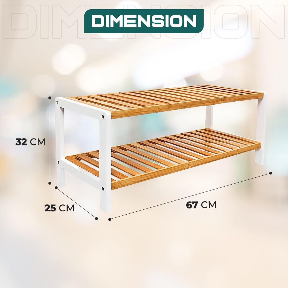 1ABOVE Bamboo Shoe Rack, Plant Rack, Perfect for Corridor, Living Room, Bathroom, Bedroom, Hallway or Small spaces-Parent. (White & Natural, 2 Tier)
