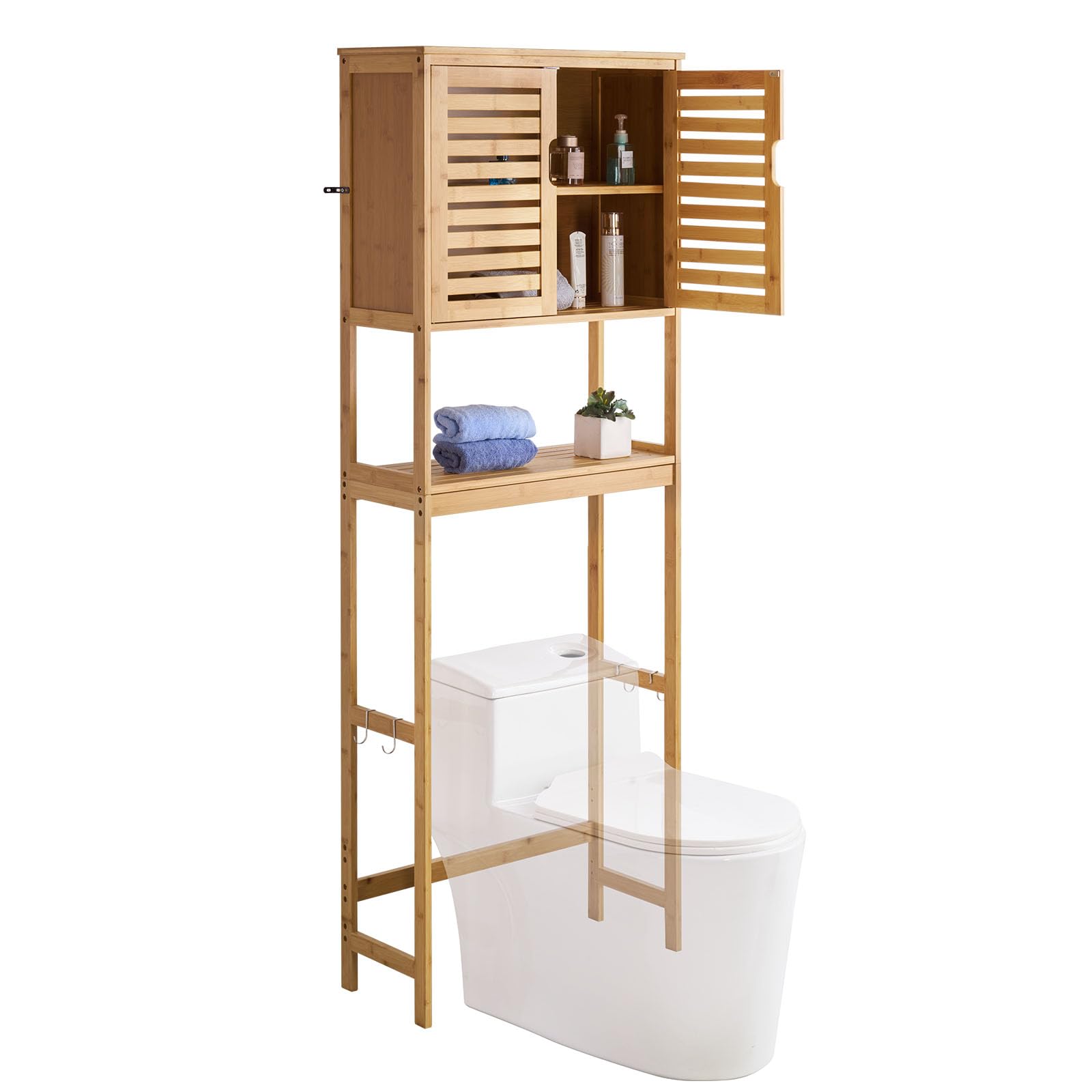 VEVOR Bamboo Over The Toilet Storage Cabinet, 68.9 in Height Bathroom Storage Organizer with Double Door & Inner Adjustable Shelf