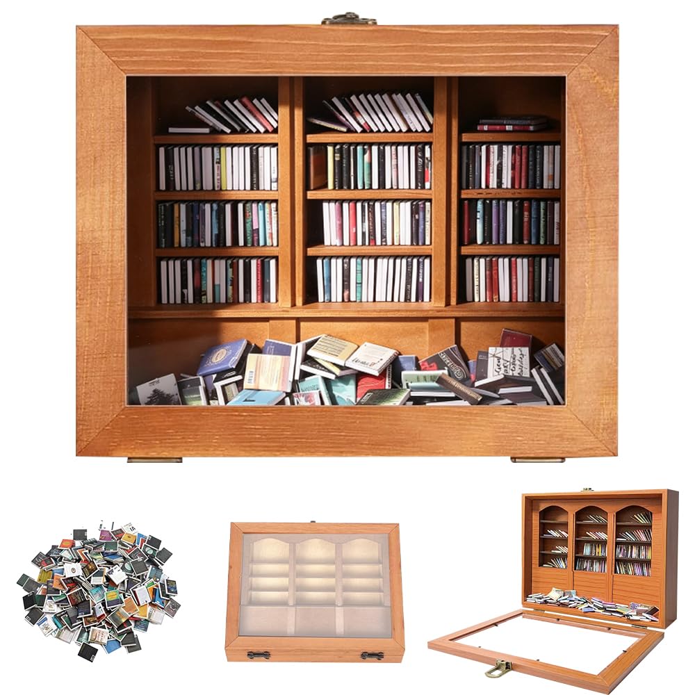 SGZIOO Anxiety Bookshelf Shake Away Your Anxiety, Mini Bookshelf and 300 Pcs Mini Books, Wooden Miniature Library, for Stress & Anxiety Relief