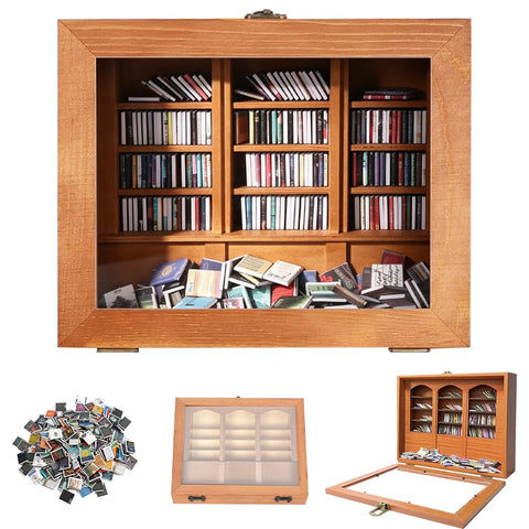 SGZIOO Anxiety Bookshelf Shake Away Your Anxiety, Mini Bookshelf and 300 Pcs Mini Books, Wooden Miniature Library, for Stress & Anxiety Relief