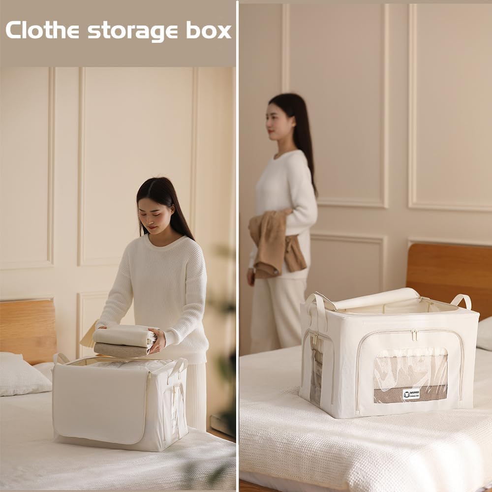 Ruucy 2 Psc Clothes Storage Boxes 24L, Foldable Clothes Storage Bags with Steel Frame & 3 Open Zips