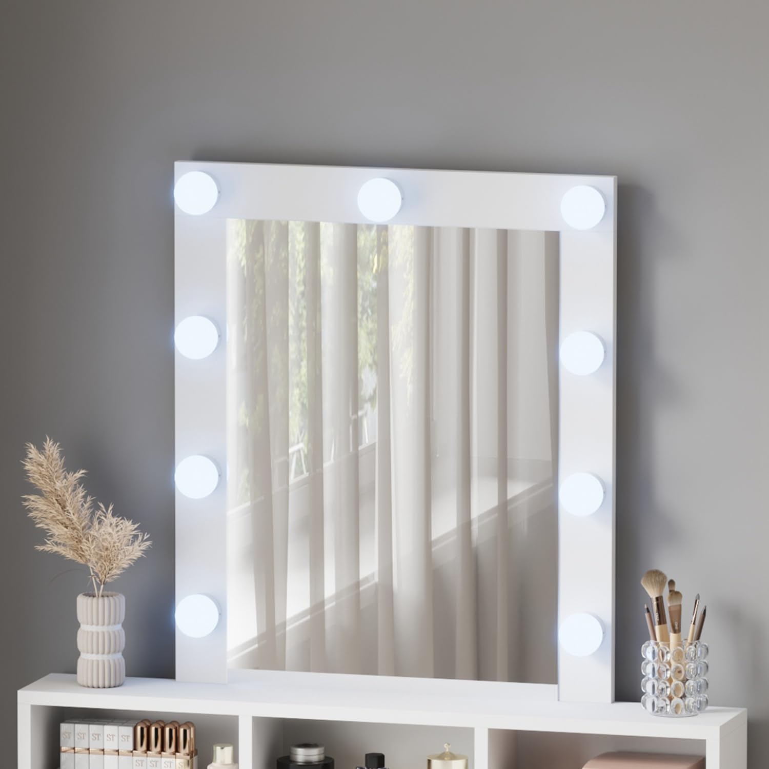 WestWood Modern LED Dressing Table with Hollywood Mirror, Makeup Vanity Desk with Drawers and Open Shelves