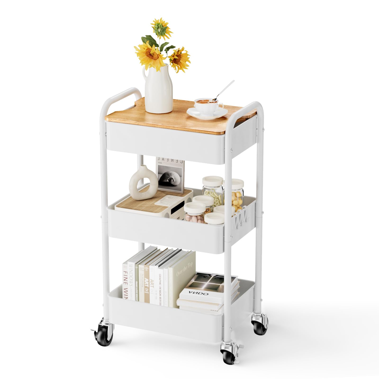 Shrivee 3 Tier Rolling Cart with Table top, Metal Rolling Utility Cart on Wheels, Sturdy Storage Organizer Cart with Hooks for Office, Classroom