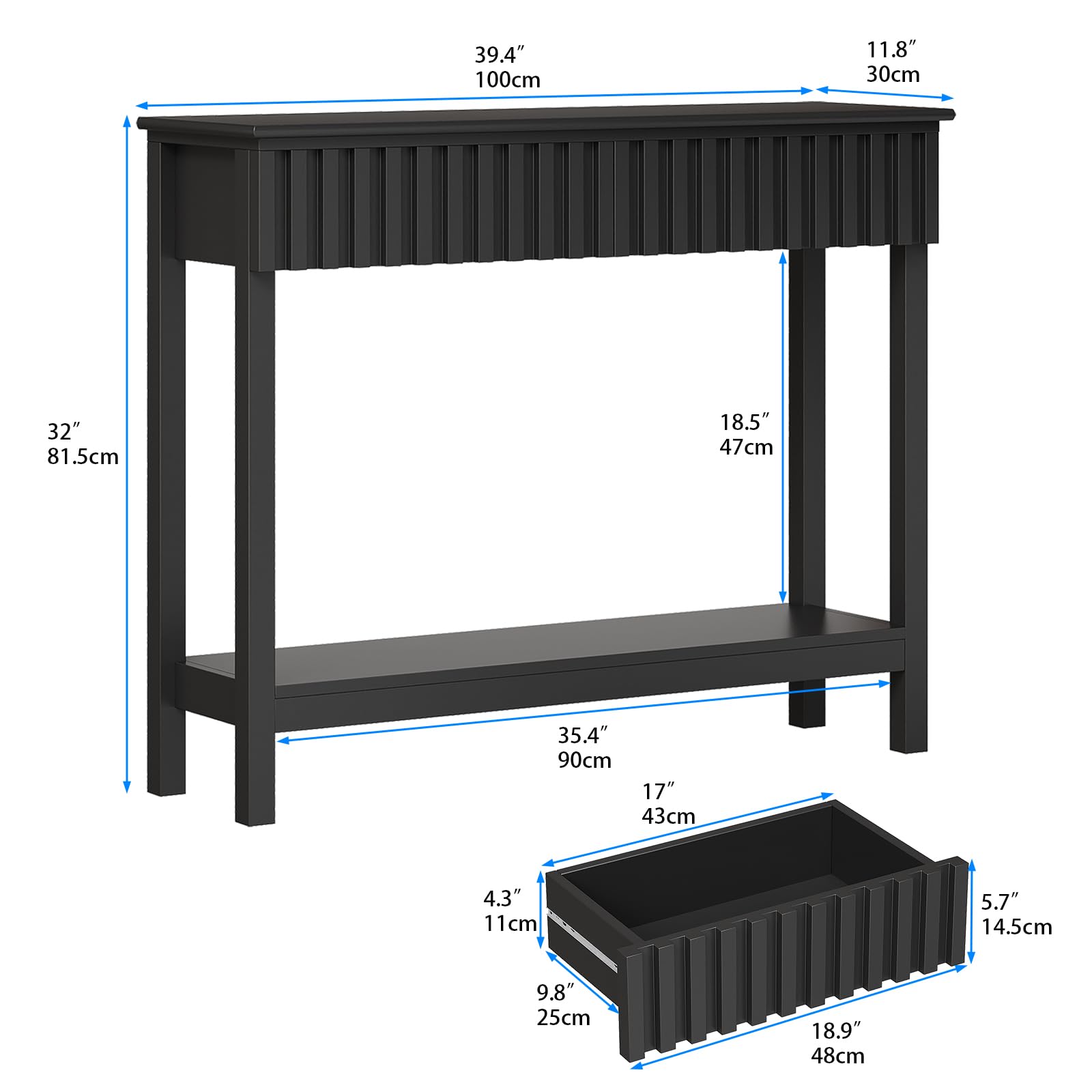 Trironsun Narrow Fluted Console Table with 2 Drawers and Open Shelf Modern Painted Wood Sofa Table for Hallway, Living Room or Behind Couch (Black)