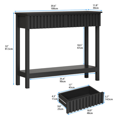 Trironsun Narrow Fluted Console Table with 2 Drawers and Open Shelf Modern Painted Wood Sofa Table for Hallway, Living Room or Behind Couch (Black)