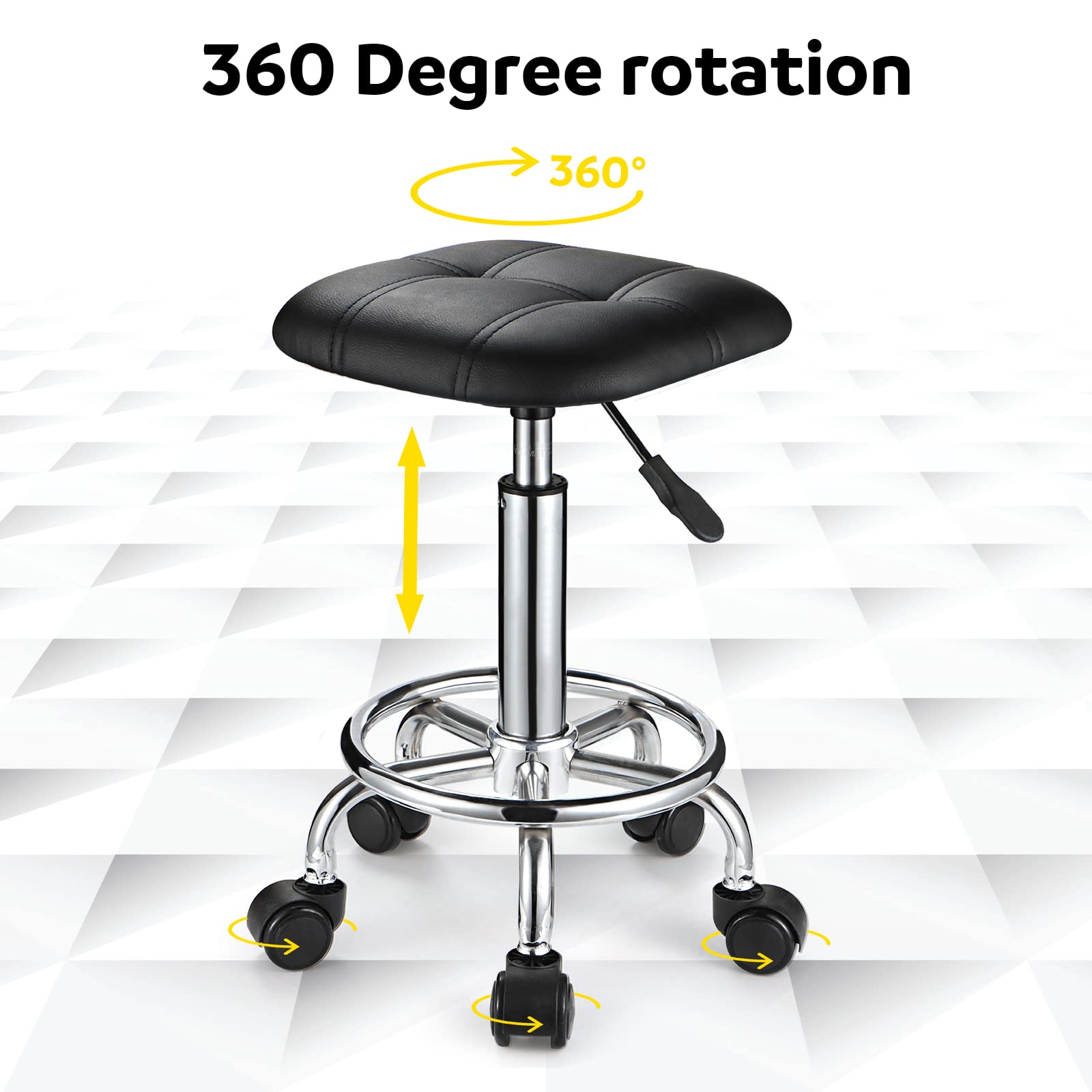 FNZIR Square PU Cushion Rolling Stool with Wheels Height Adjustable Swivel Stools Chair Black