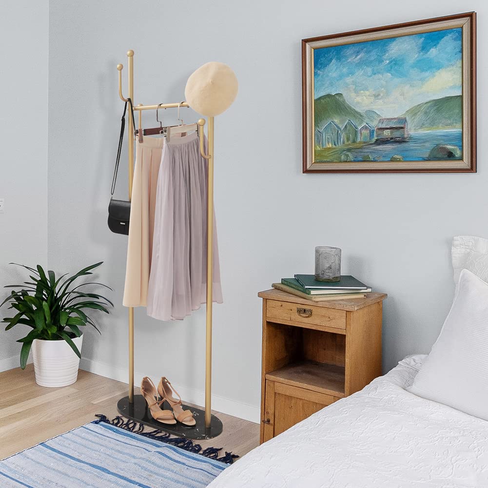 Cre Cra Gold Heavy Duty Metal Clothes Rack with Marble Base - Modern Coat Stand & Freestanding Garment Rack for Boutiques & Bedroom