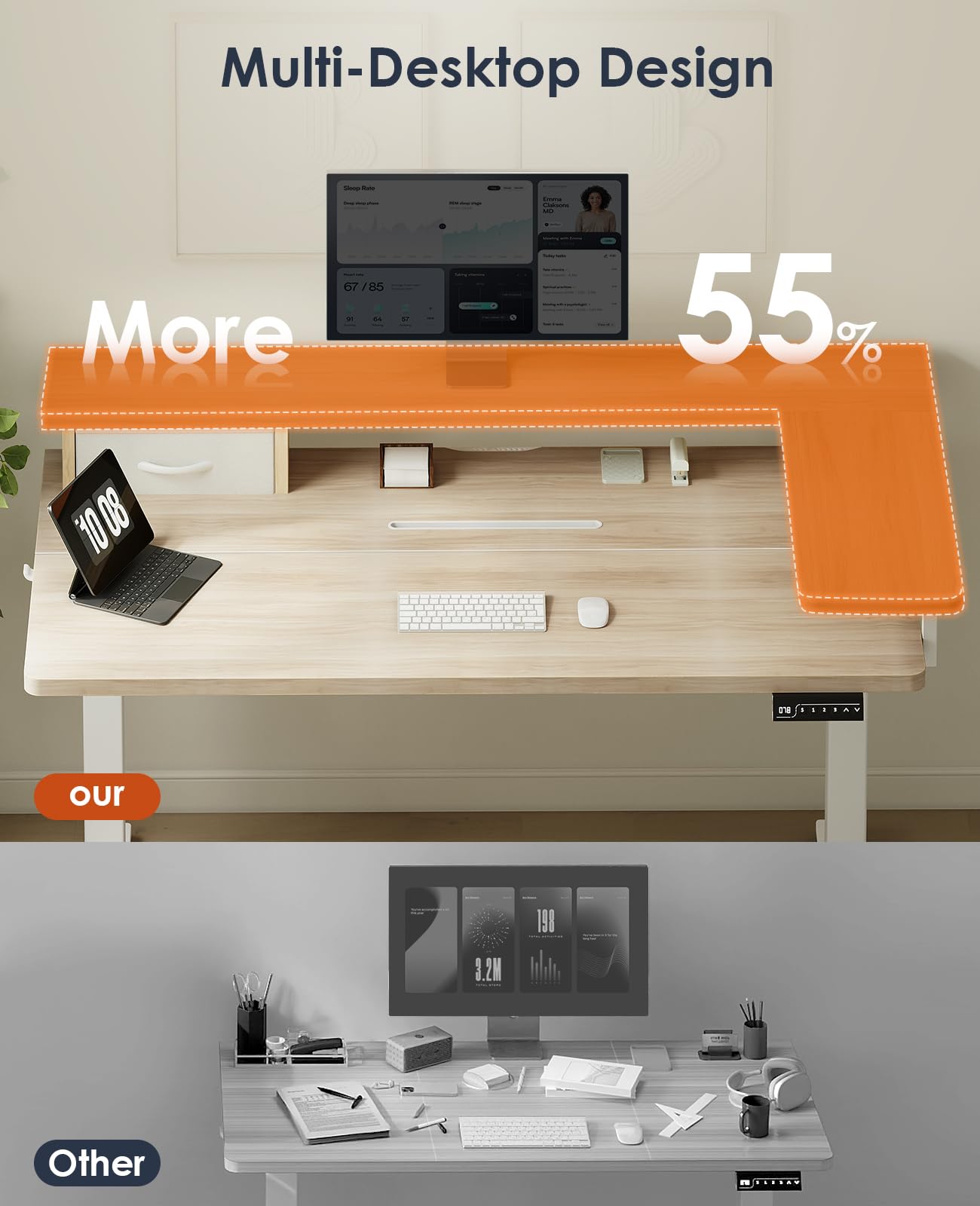 OffiGo Standing Desk with Drawers & Monitor Stand, USB Port, 120cm Beige