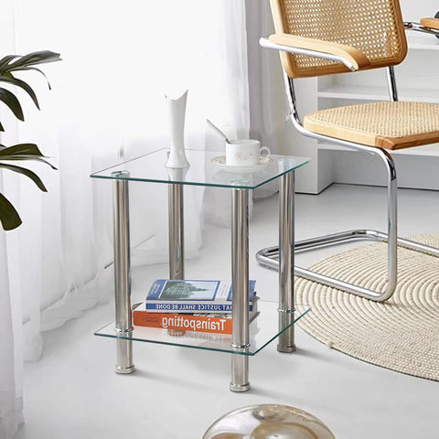 GOLDFAN 2-Tier Small Glass Coffee Table Corner Side End Table with Clear Glass and Stainless Steel Legs Living Room, Transparent