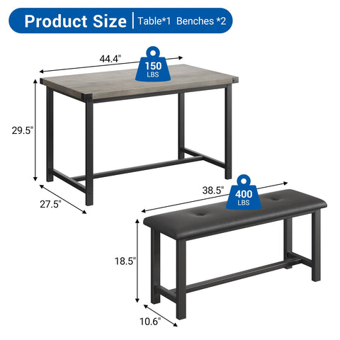 Crevyteg Modern Industrial 3-Piece Dining Table Set for 4 with 2 Upholstered Benches, Space-Saving Kitchen Table Set for Small Spaces
