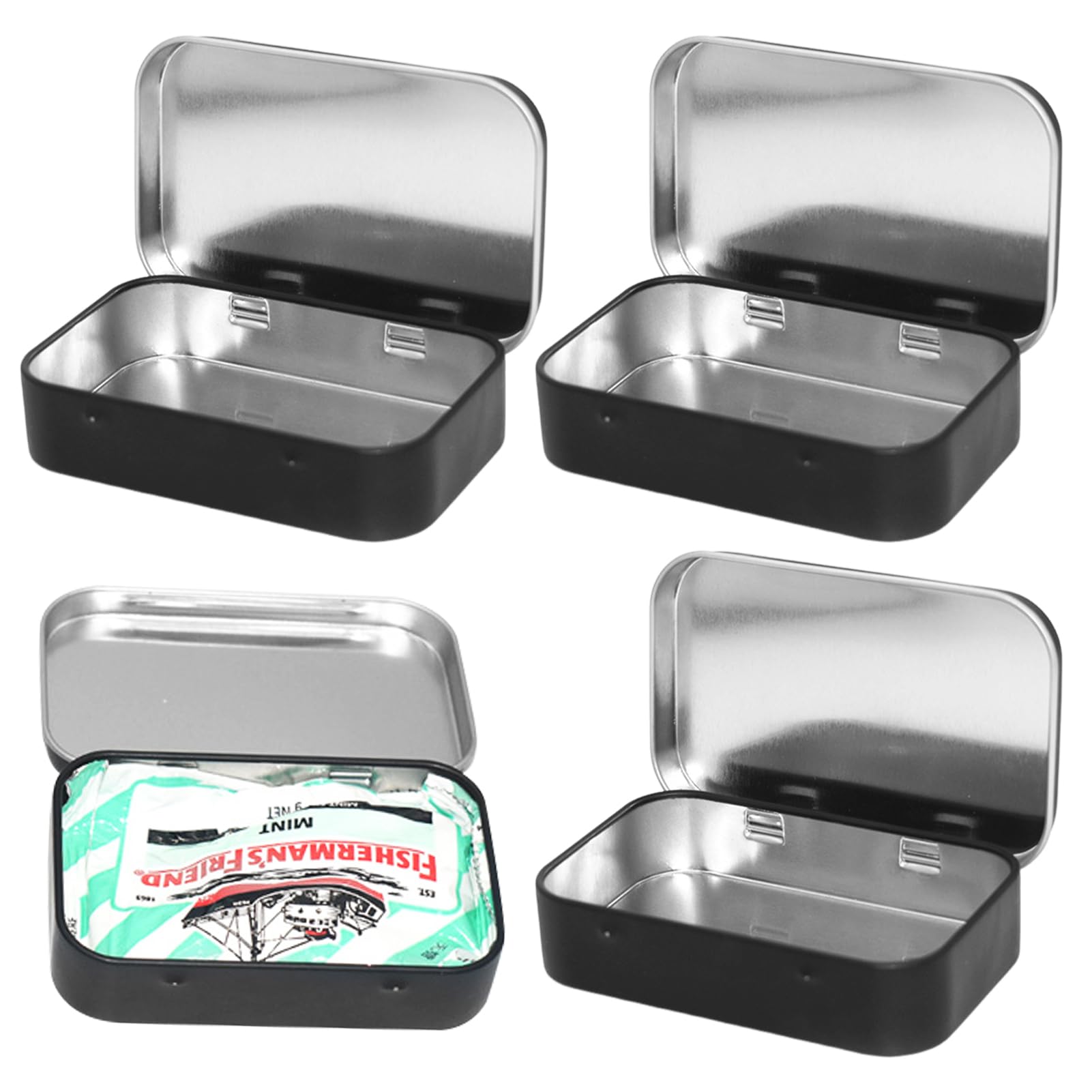 Xelmorant 4 Pcs Tin Containers — 9.5X6cm Metal Rectangular Small Tin, Rectangular Hinged Tins Box Containers Portable Mini Storage Box Home Organizer