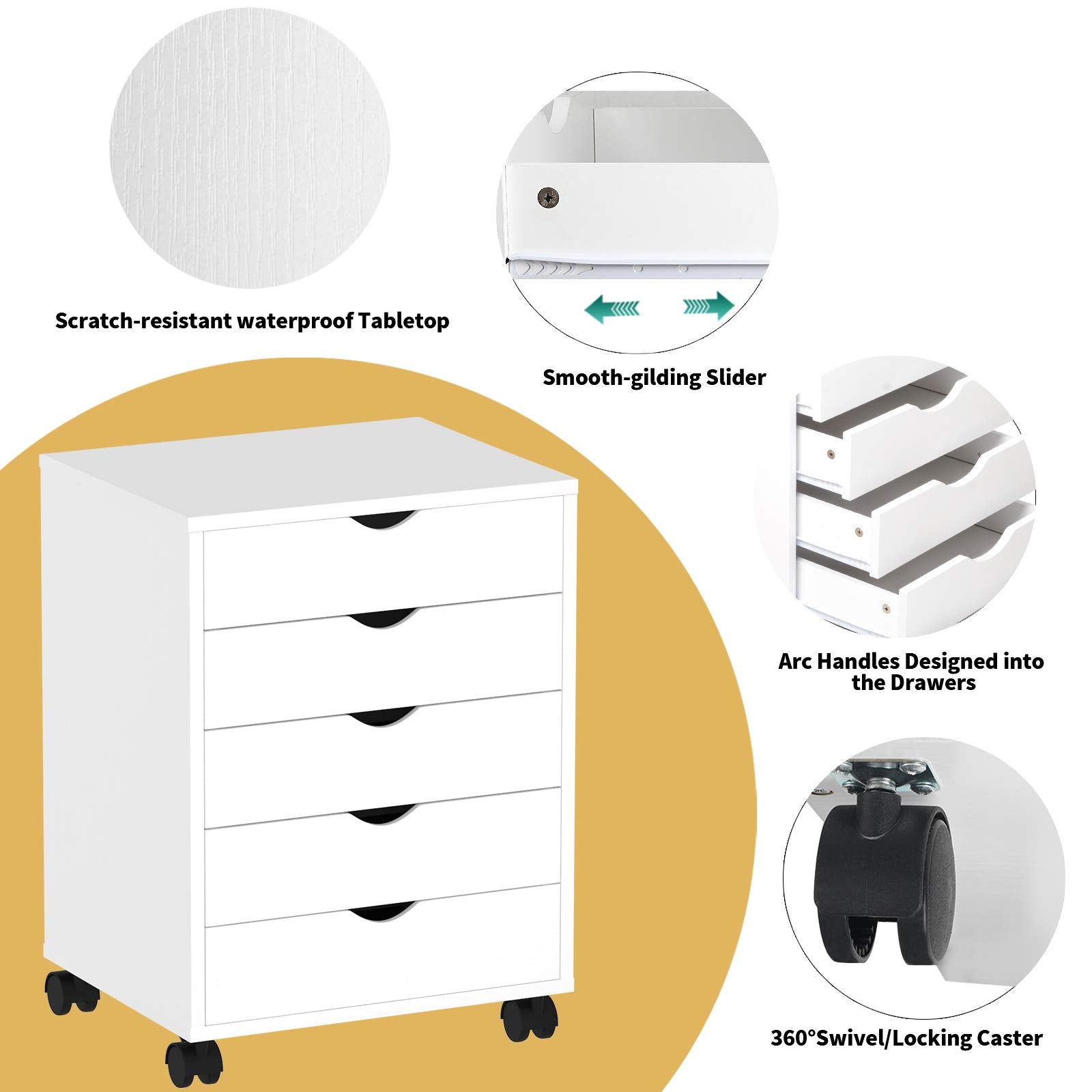 YITAHOME 5 Drawer Mobile Rolling File Cabinet,Wooden Filing Cabinet for A4, Letter Size Document, Under Desk File Storage Cabinet