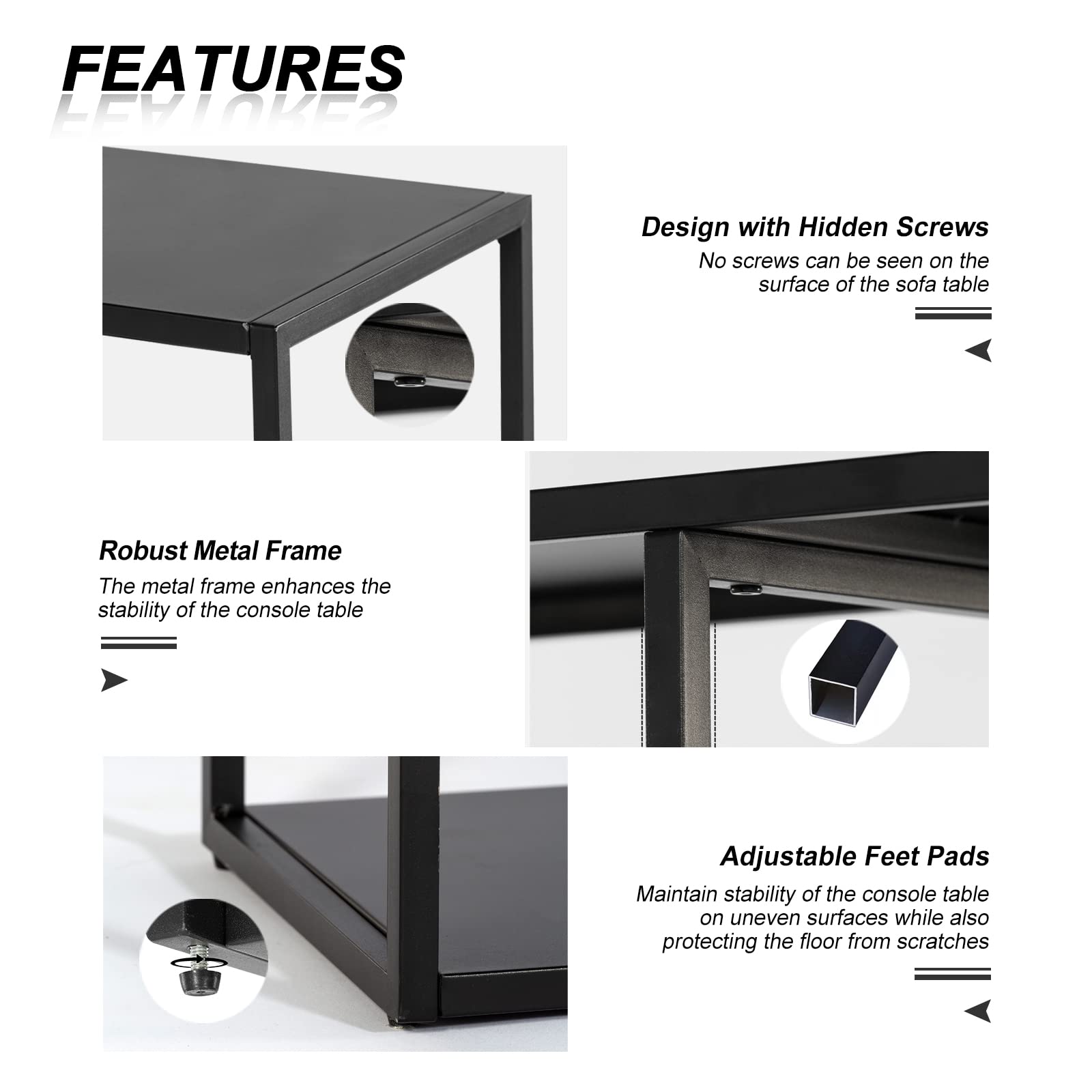 HDANI Console Table,3 Shelf Sofa Table,Thin Entryway Table,Metal Frame Couch Table for Small Spaces,Living Room,Hallway (Black, 80×25×75cm)