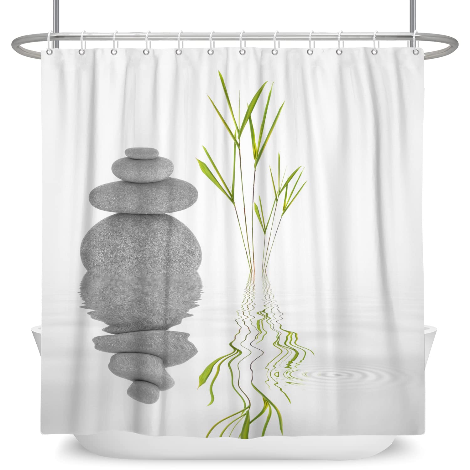 SDOTPMT 60x72inch Basalt Stones Bamboo Leaves Shower Curtain Spa Japanese Theme Zen Meditation Bath Curtain White Background Bathtub Curtain for