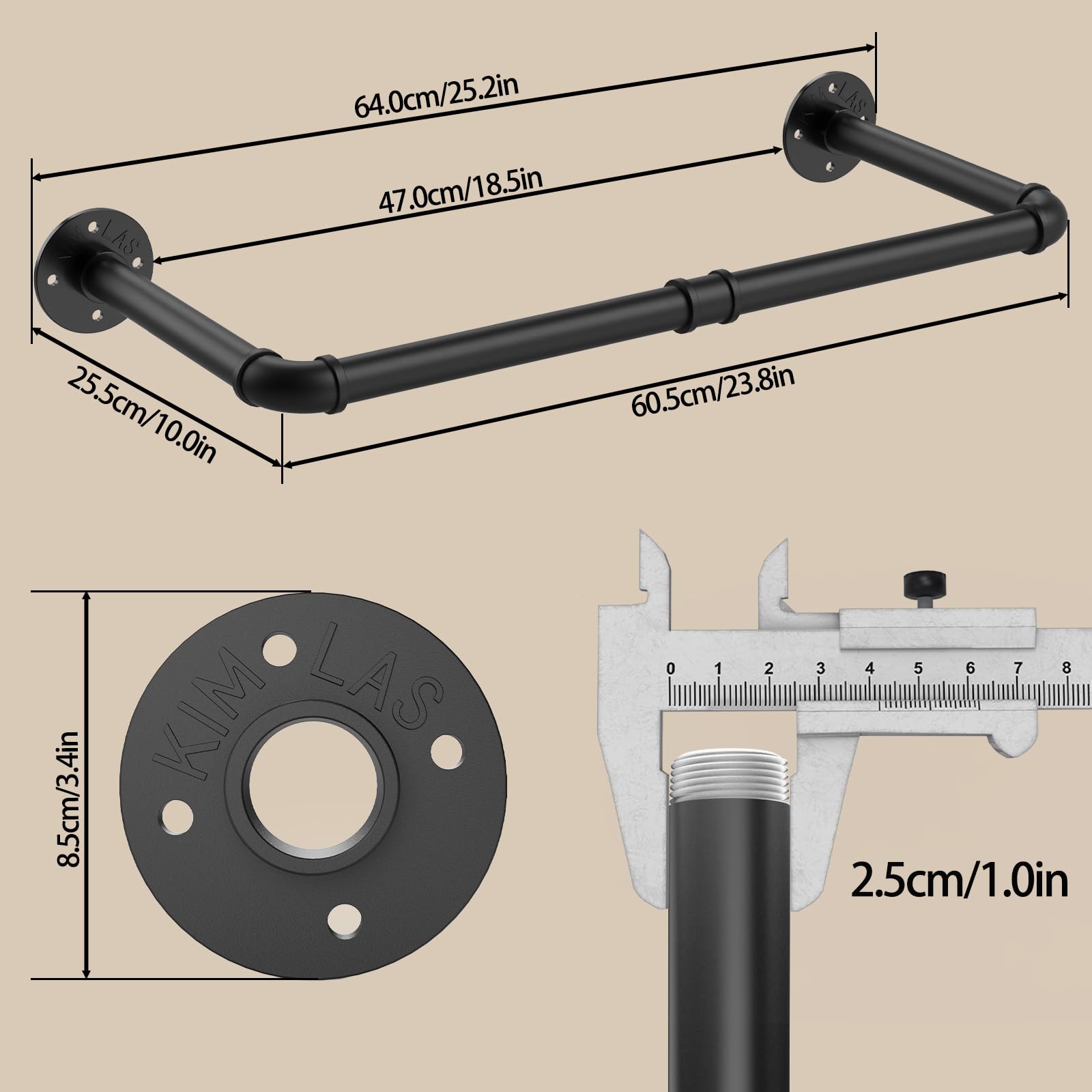 YheenLf 64cm Wall Mounted Clothes Rail, Garment Rack, Black, 1 Pack
