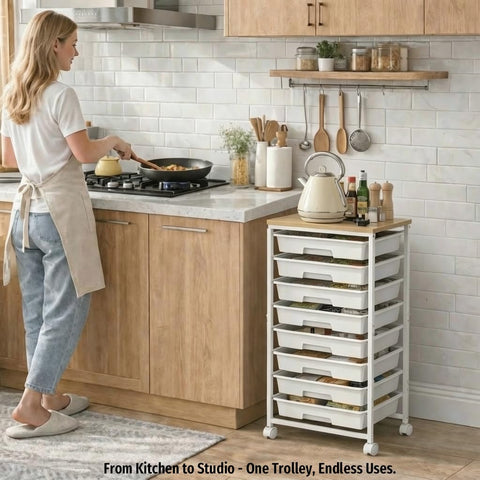 8 Drawer Rolling Storage Trolley with Wooden Worktop, Plastic Drawer Organiser Cart on Wheels with Lockable Silent Castors & Anti-Fall Latch