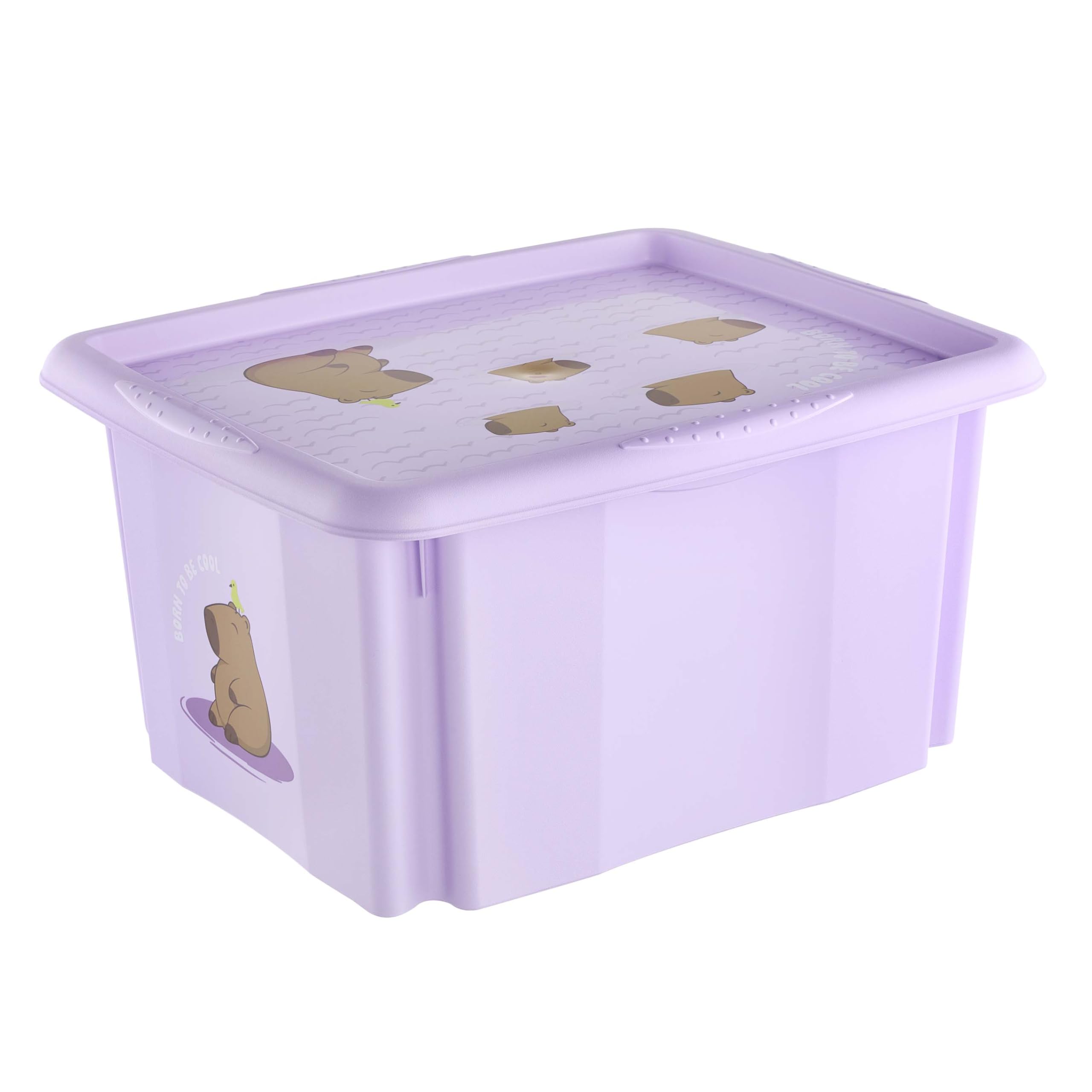 keeeper karolina storage box with lid, 24 l, nestable and stackable, Design: Capybara, For children, Violet (Soft Purple)