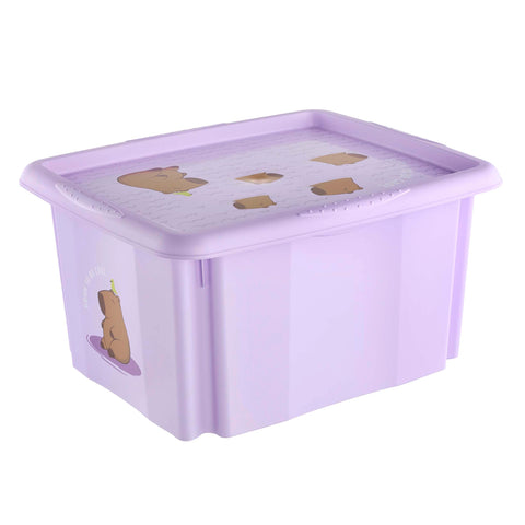 keeeper karolina storage box with lid, 24 l, nestable and stackable, Design: Capybara, For children, Violet (Soft Purple)
