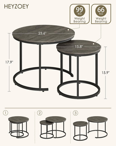 HEYZOEY Round Coffee Tables, Removable Set of 2 End Table, Nesting Tables with Black Metal Frame Legs and Wooden Grey Top for Living Room, Bedroom