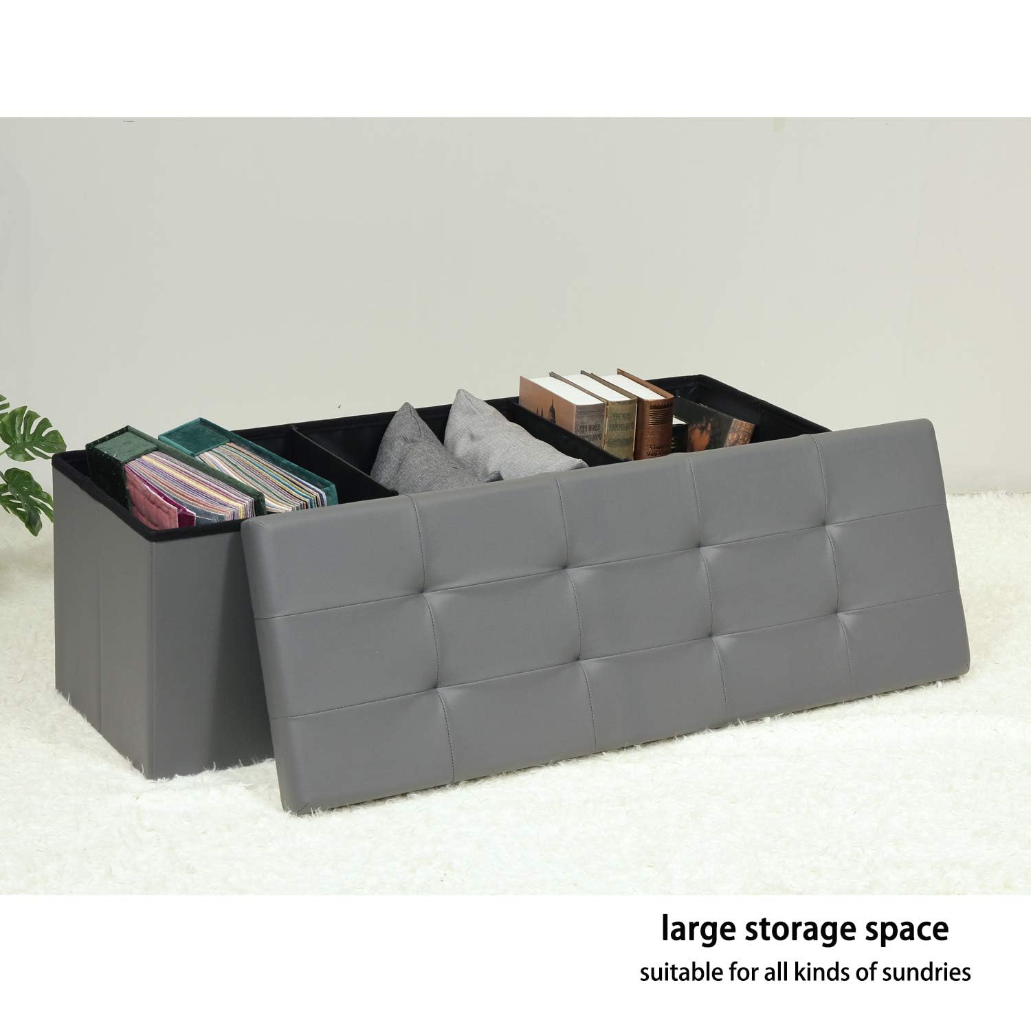 Bonlife ottoman Storage Boxes Bench Toy Box Chest Foldable Seat,End of Bed Bench,Faux Leather Foot Stool for Bedroom110x38x38cm(Light Grey)