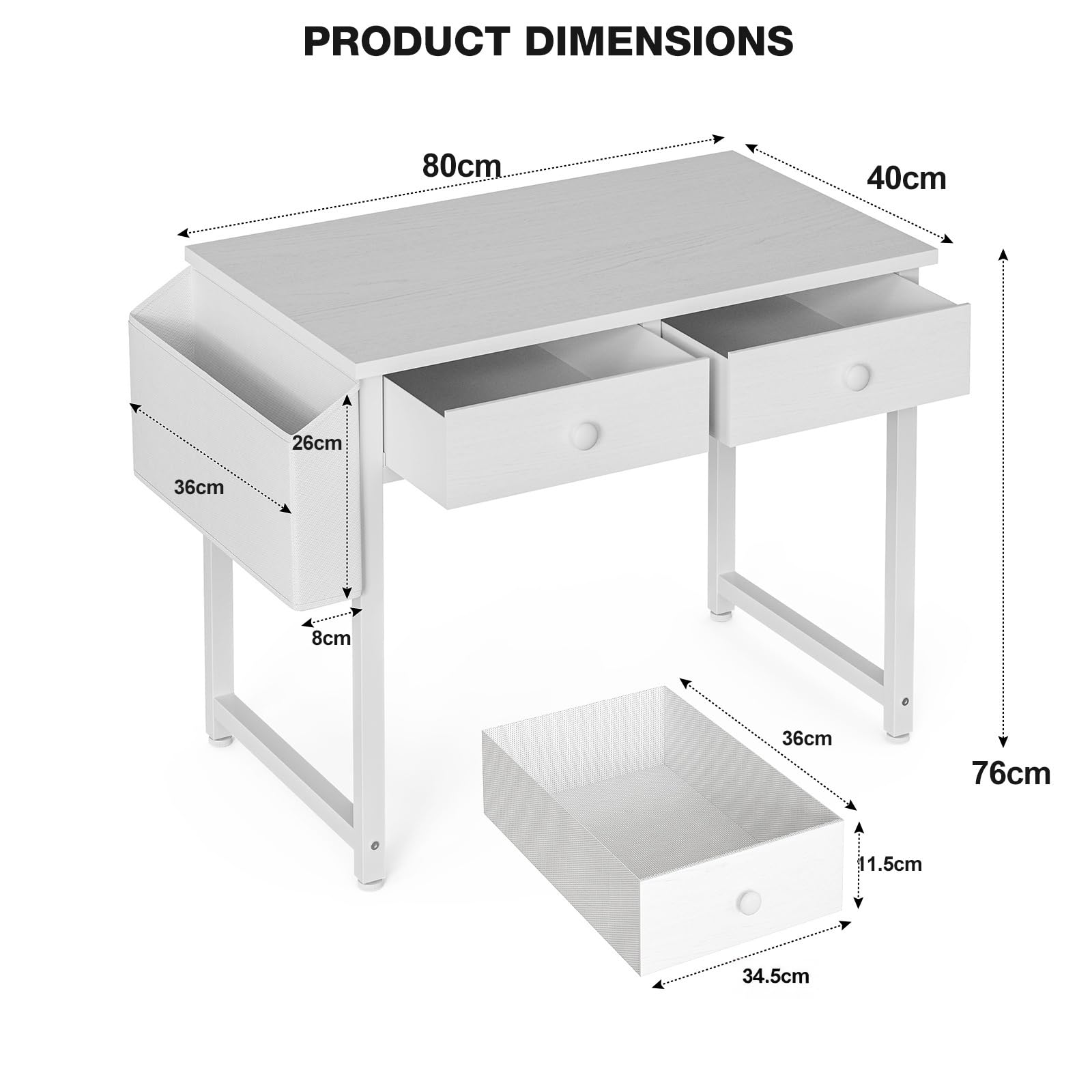 Grandder Small Computer Desk with 2 Fabric Drawers, 80 x 40 cm Home Office Desk with Storage Bags and Drawers