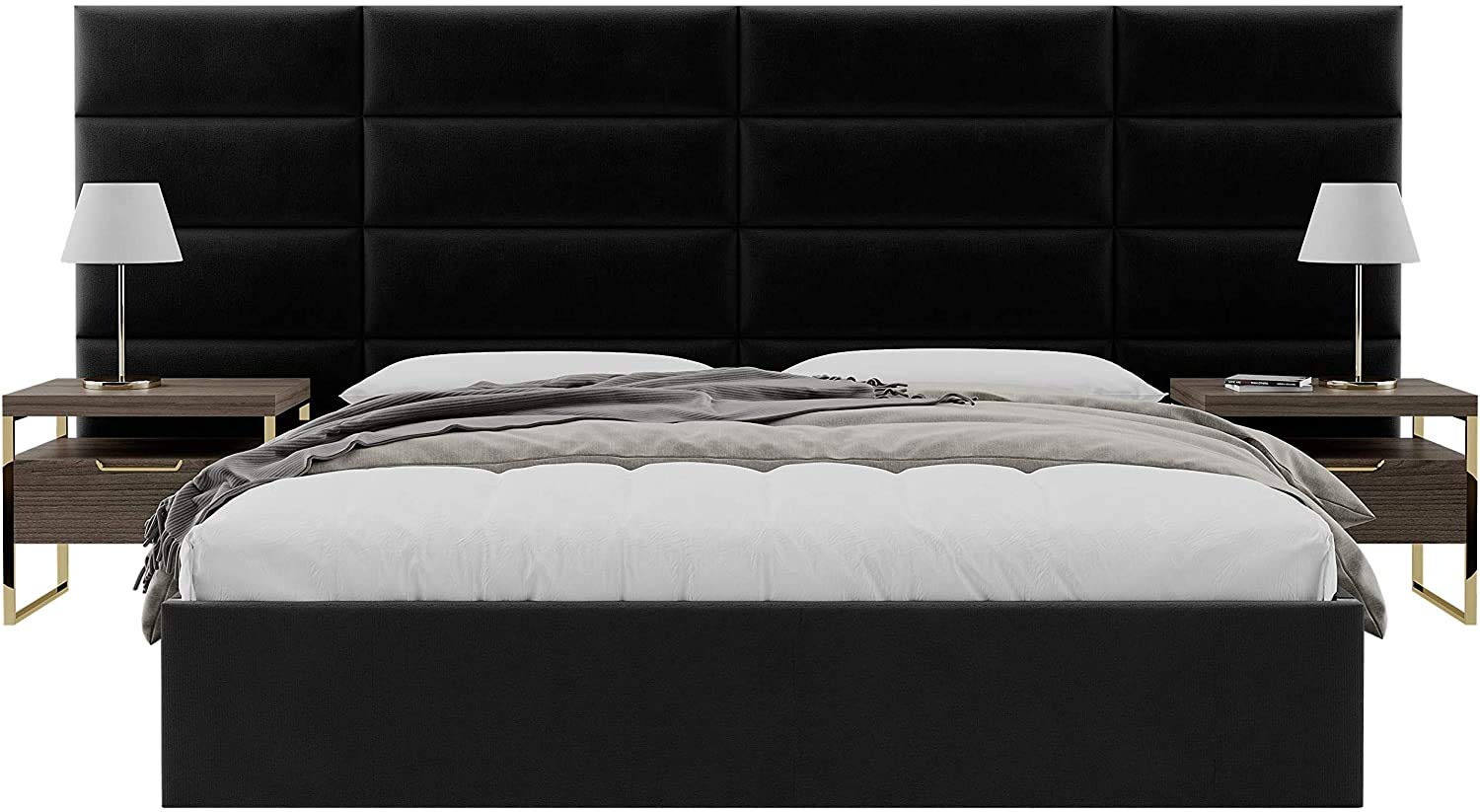 VANT Upholstered Headboards - Accent Wall Panels - Packs of 4 - Easy to Install - Single & Double bed Size (91cm Wide, Plush Velvet Black)