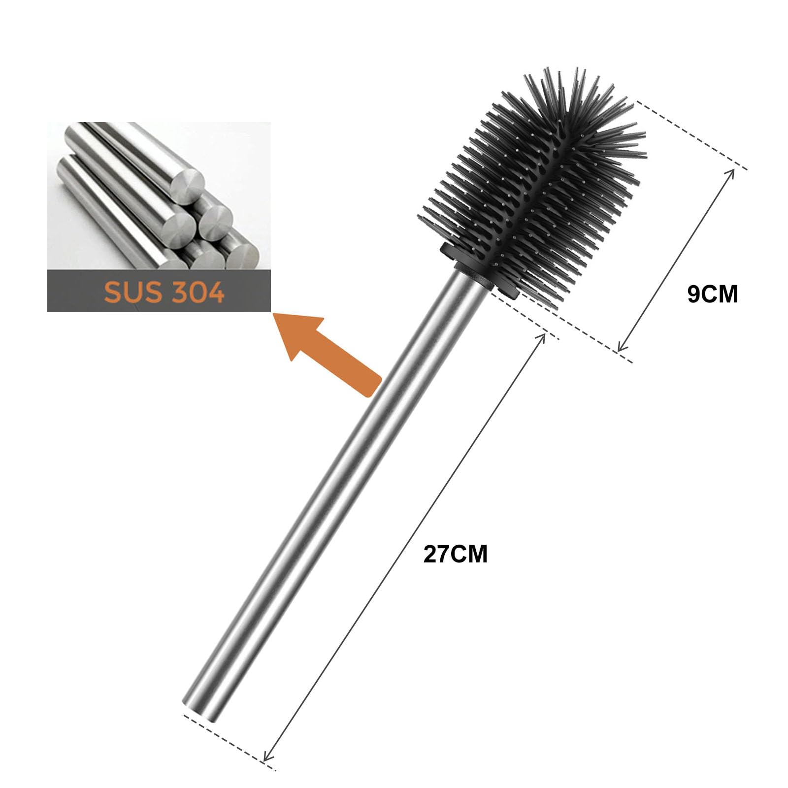 WAVEWO Silicone Toilet Brush with 2 Brush Heads, 7 cm Diameter Toilet Brush Made of 304 Stainless Steel for Bathroom Cleaning (Silver)