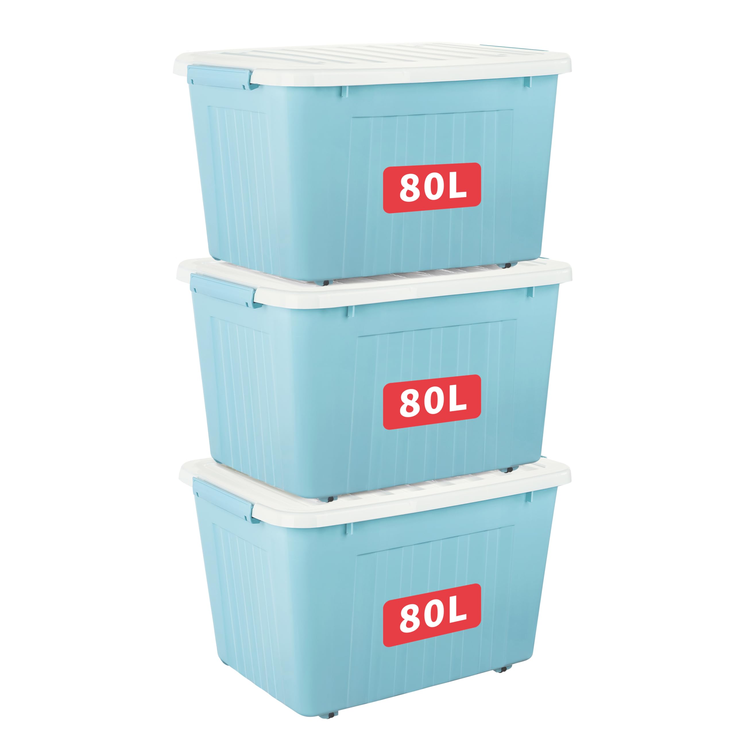 Cetomo 80L*3 Storage Boxes with Lids, Plastic Storage Box with Wheels and Secure Side Latches, Stackable & Nestable Organizer for Home, Office