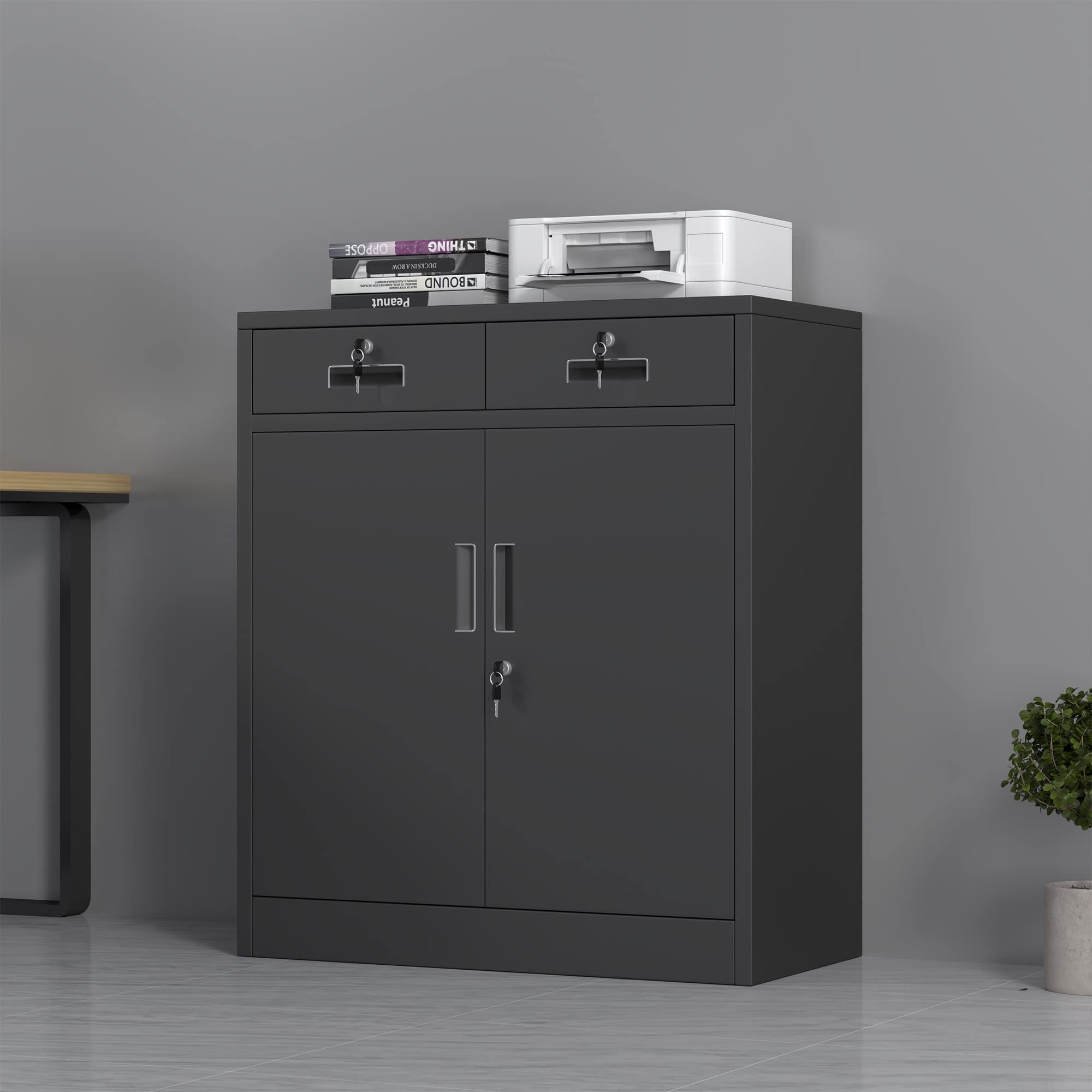 JINGUR Metal Storage Cupboard with Locking Doors and 2 Drawers (Black)