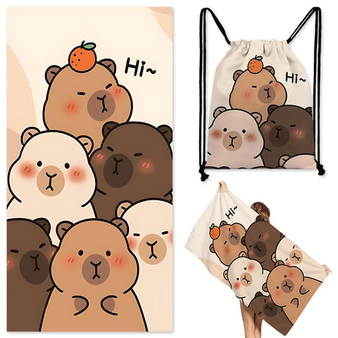 Capybara Microfiber Beach Towel Sand Free Absorbent Extra Large Travel Towels for Adults Kids Microfibre Towels for Adults with Drawstring Bag 2in1
