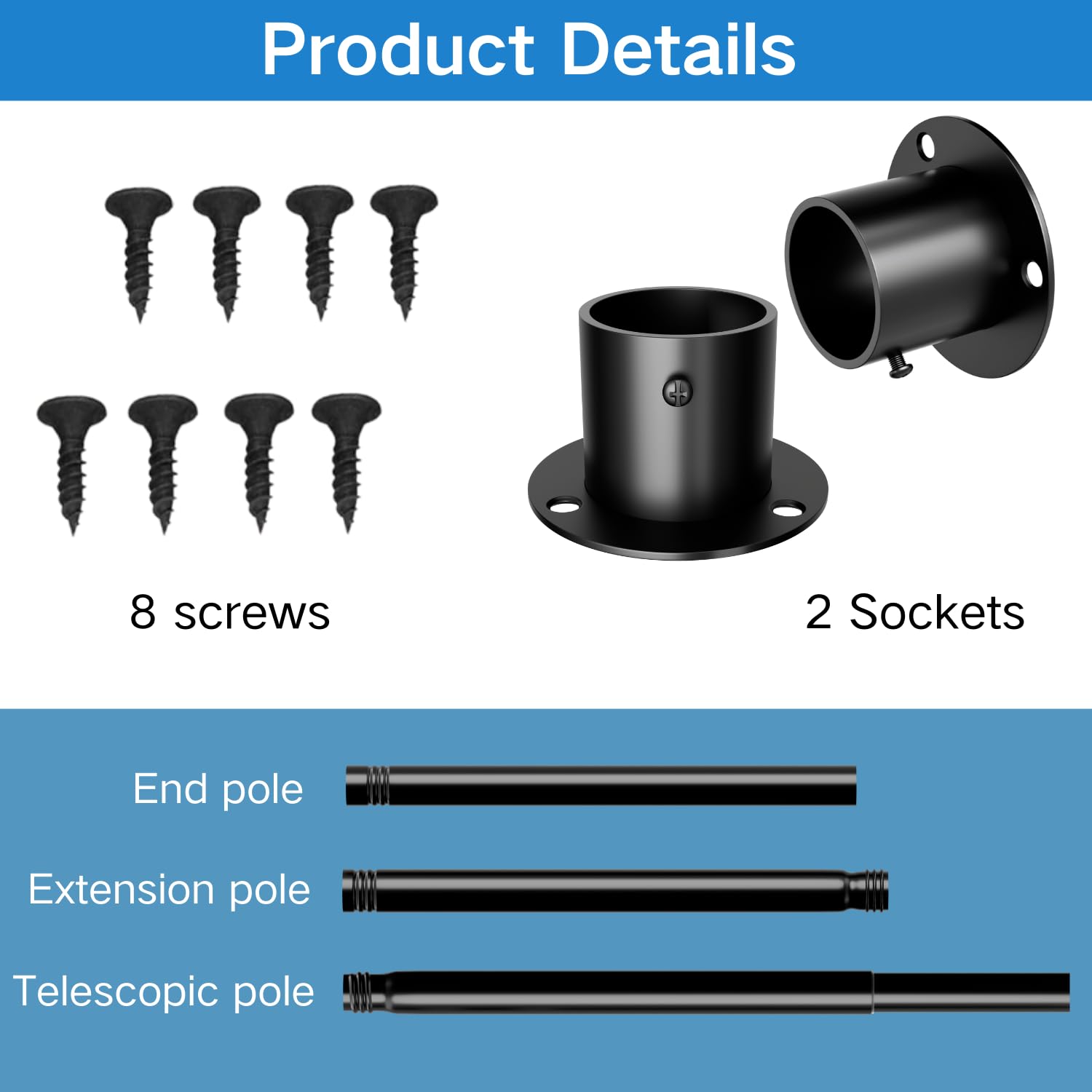 Wardrobe Rail, Extendable Clothes Rail, Adjustable Wardrobe Rail with Fixing Sockets and Screws for Wardrobe and Cloakroom, Black