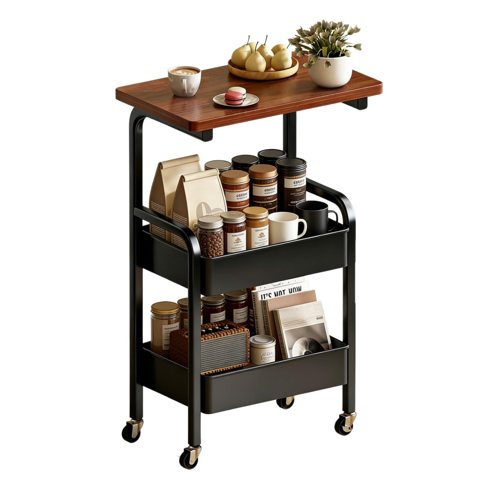 3 Tier Metal Rolling Utility Cart Organizer with Walnut Table Top, Stable and Sturdy Rolling Storage Carts with 2 Lockable Wheels for Kitchen